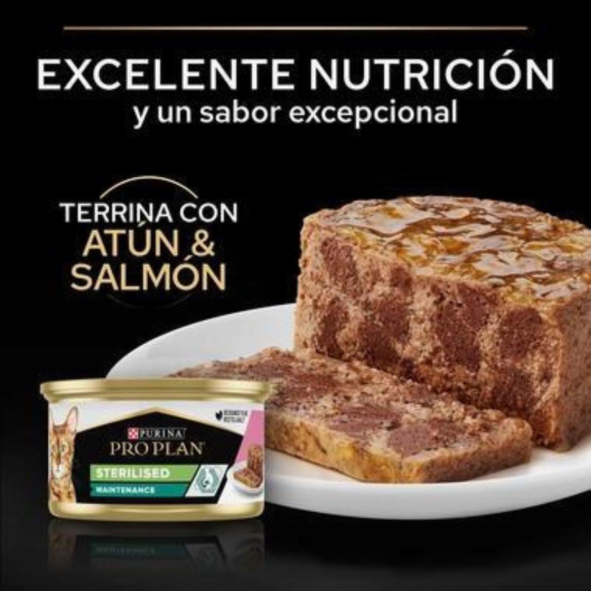 Terrina de Manutenção Esterilizada para Gatos Adultos Pro Plan com atum e salmão Purina lata 12 x 85 g