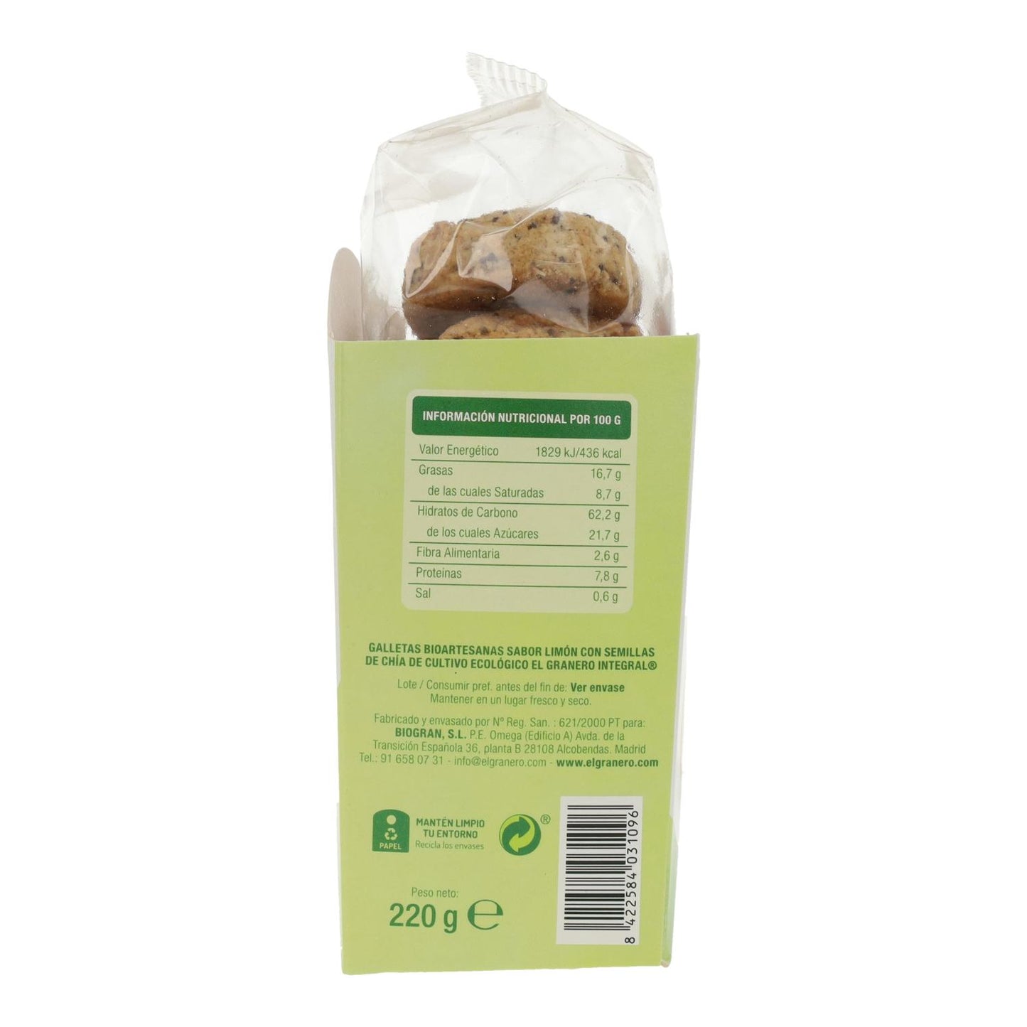 Bolachas artesanais biológicas com sabor a limão e chia El Granero, 220 g