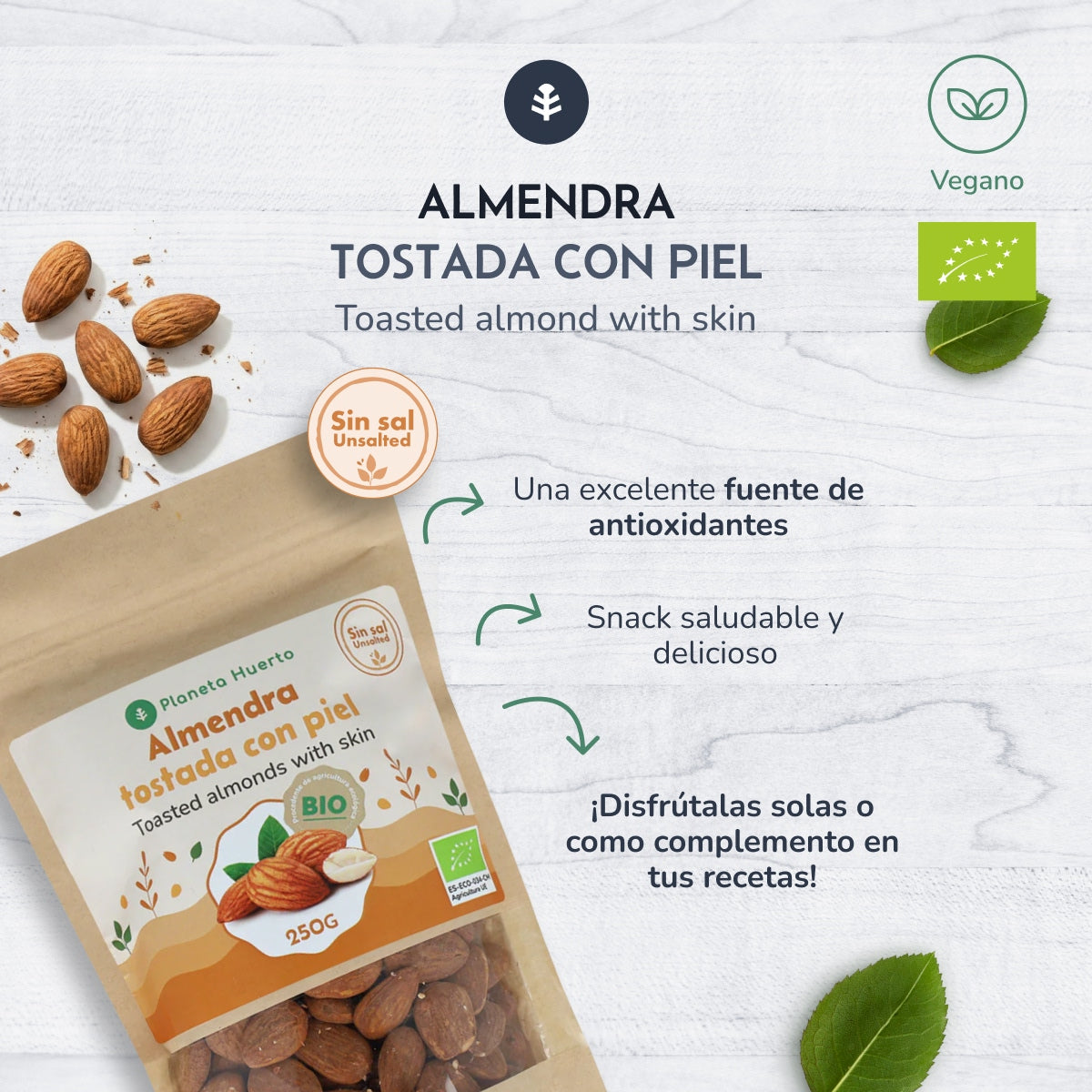 Amêndoas torradas com pele sem sal ECO Planeta Huerto 250 g