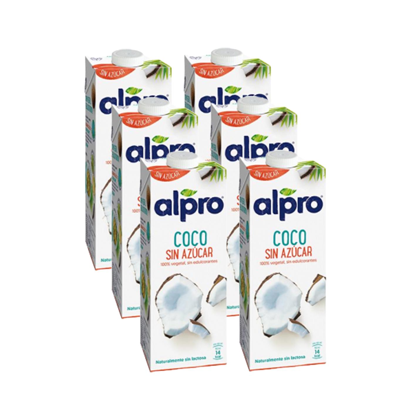 Embalagem de 6 bebidas de coco sem açúcar Alpro, 1 litro