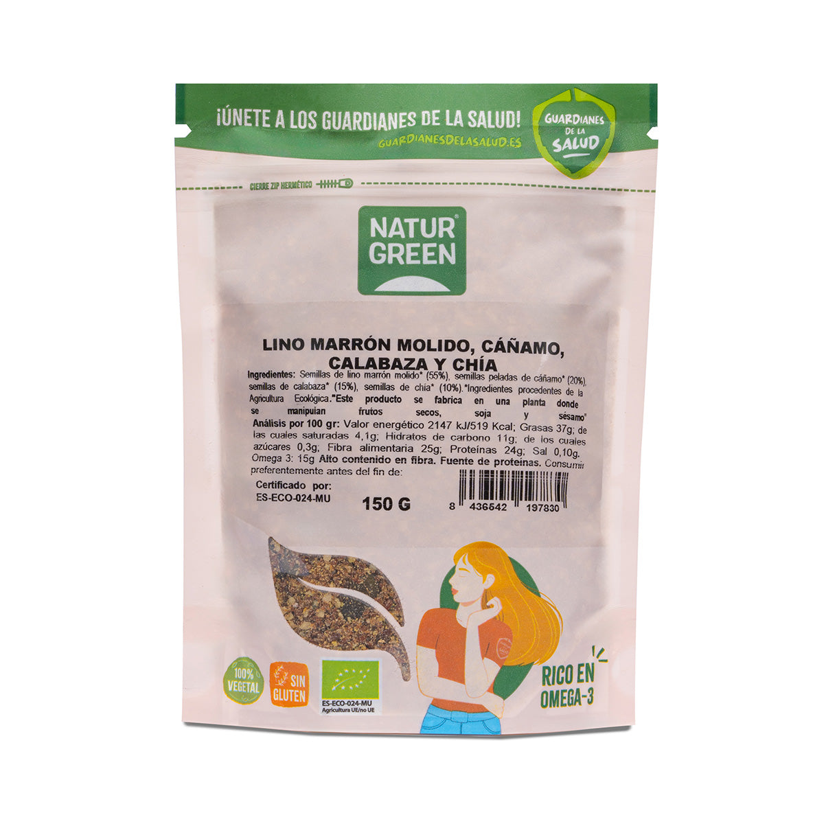 Sementes biológicas NaturGreen de linho, cânhamo, abóbora e chia 150 gr