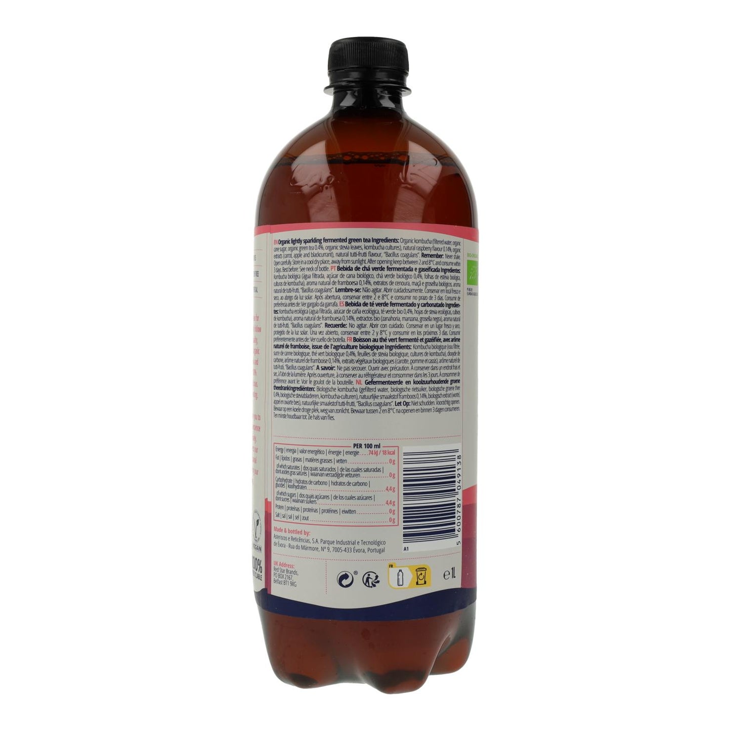 Bebida de Kombucha Orgânica de Framboesa Captain Kombucha 1 L