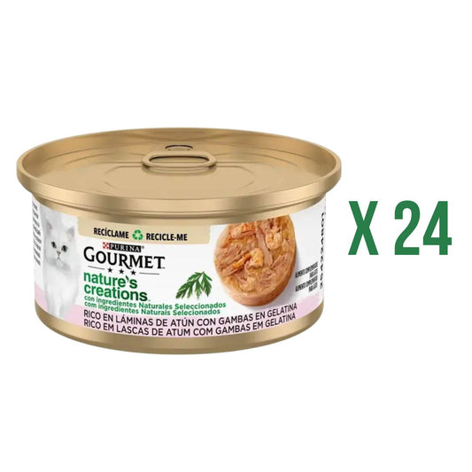 Pack de 24 Gourmet Nature's Creations Rico em Flocos de Atum com Camarão em Gelatina 70 g