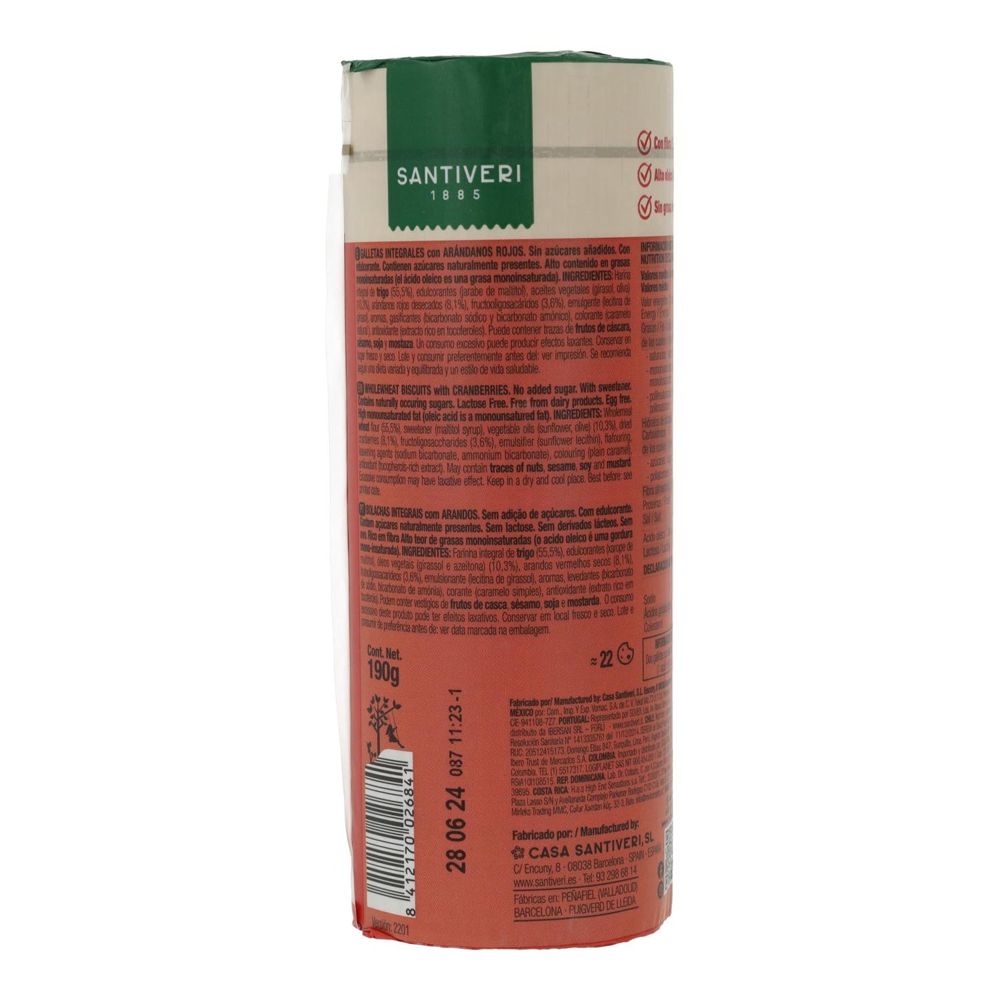 Bolachas integrais de mirtilo Santiveri 0% açúcar 190 g