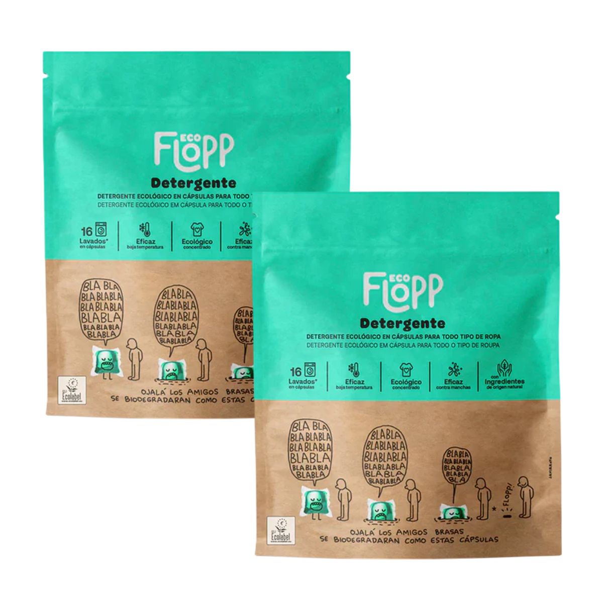 Embalagem de 2 detergentes para roupa ECO Flopp, 16 cápsulas