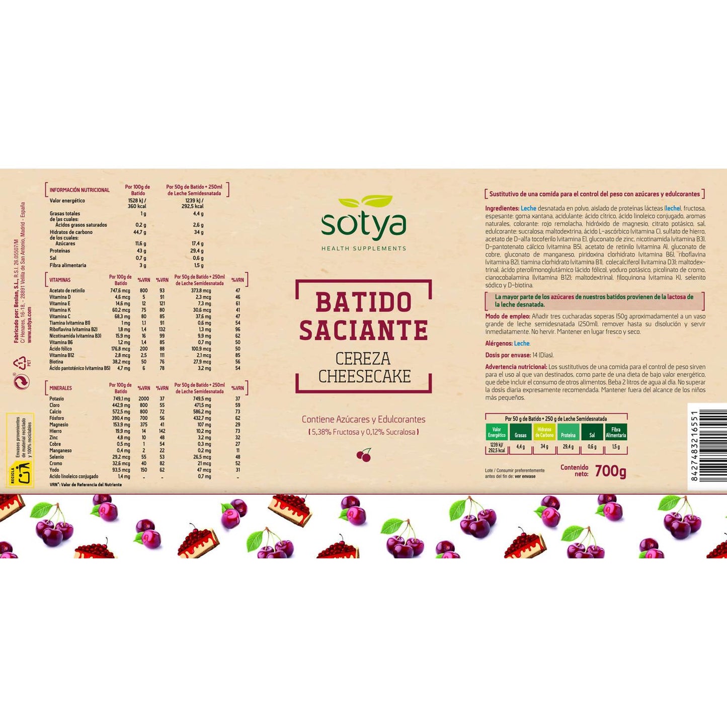 Batido de Cheesecake de Cereja Saciante SOTYA 550g