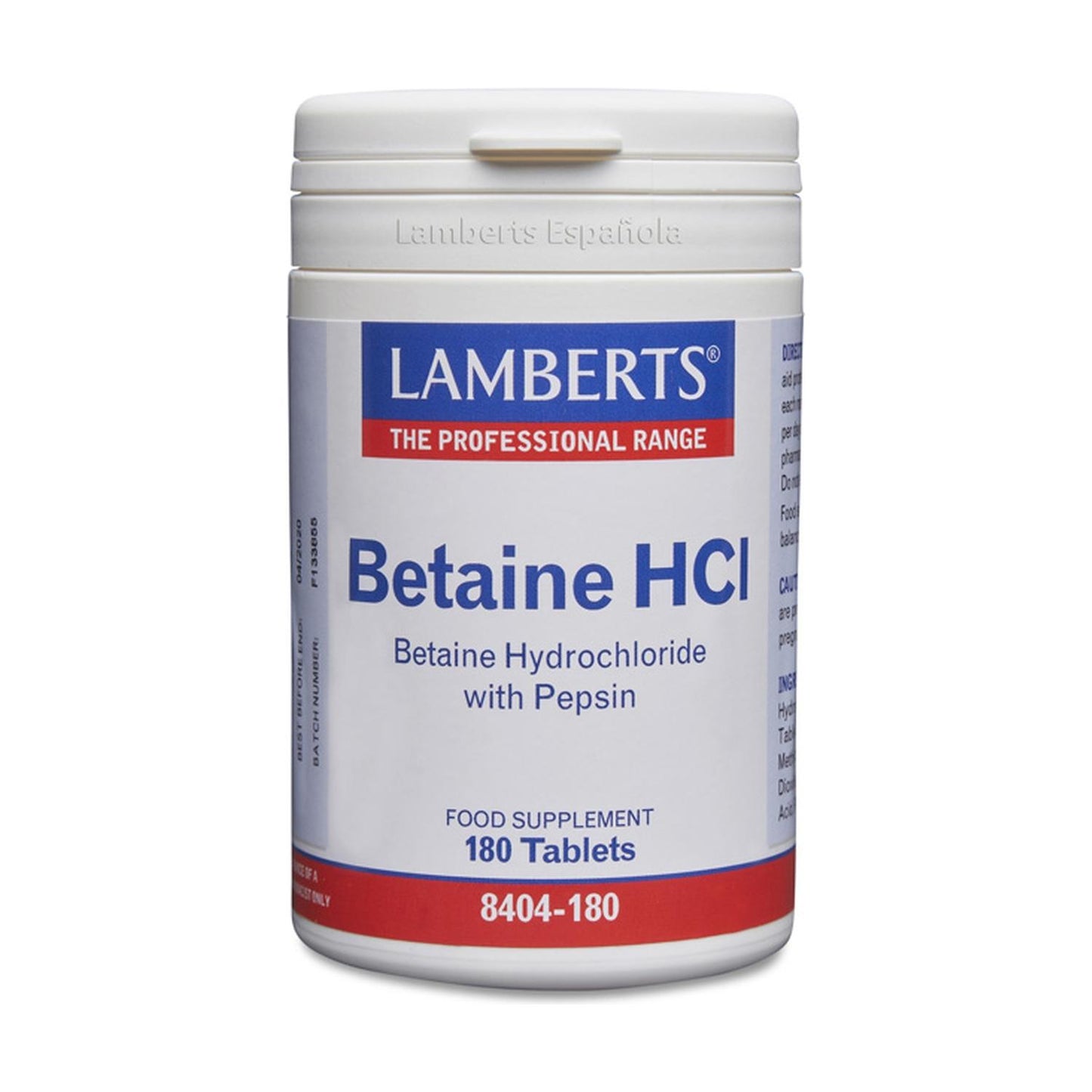Betaína HCl 324mg/Pepsina 5mg Lamberts, 180 comprimidos