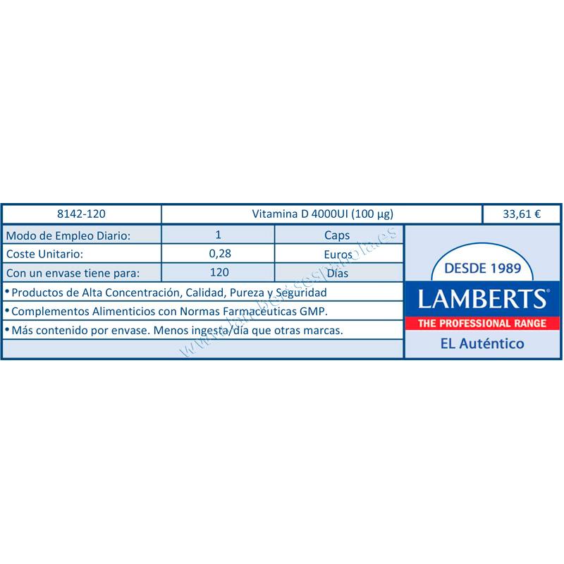 Embalagem 2x Vitamina D3 4000UI (100 µg) Lamberts, 120 cápsulas