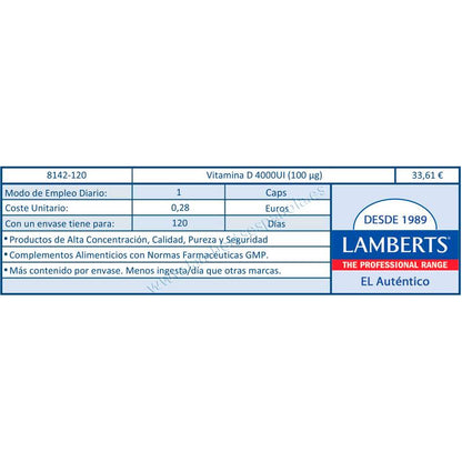 Embalagem 2x Vitamina D3 4000UI (100 µg) Lamberts, 120 cápsulas