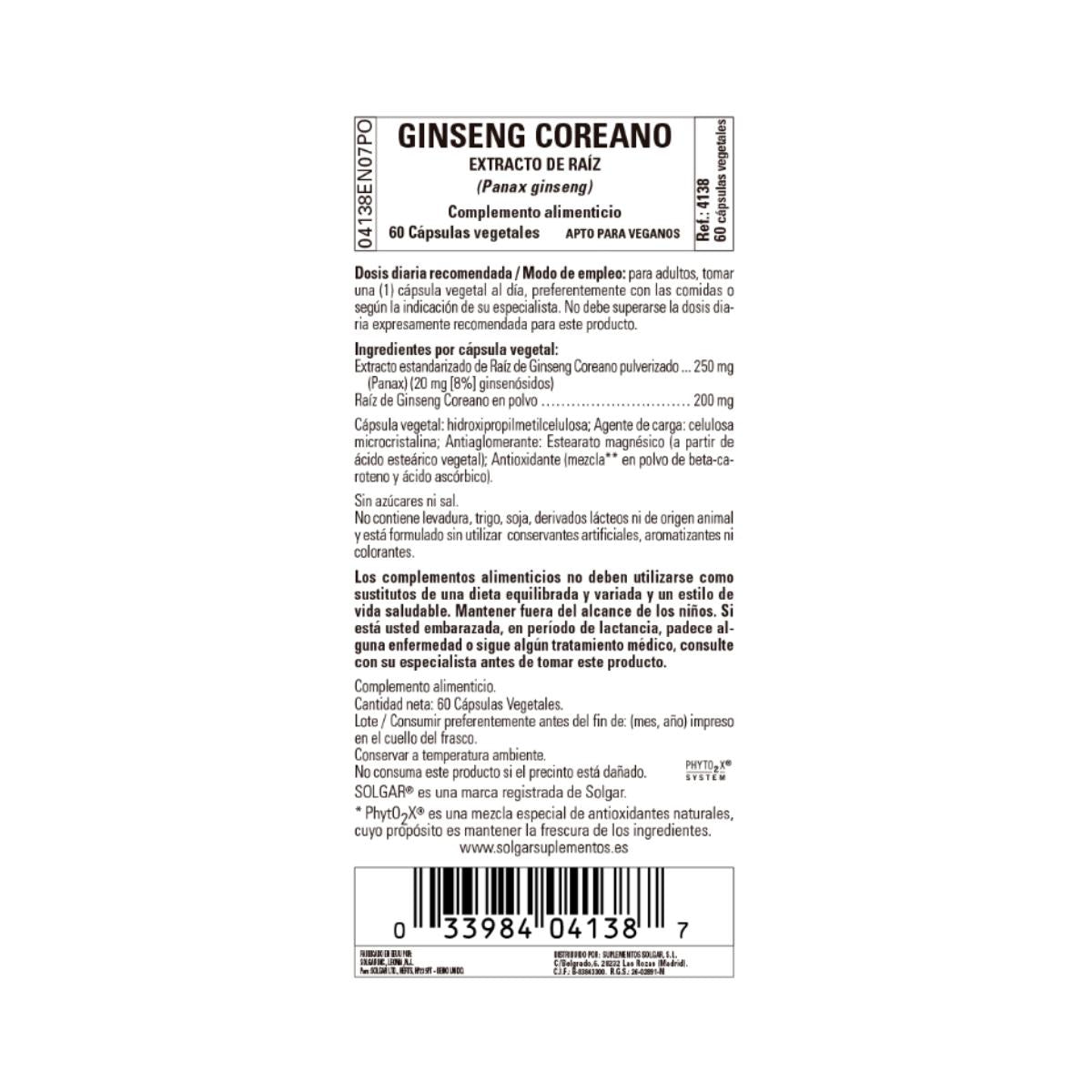 Ginseng Coreano, 60 cápsulas vegetais