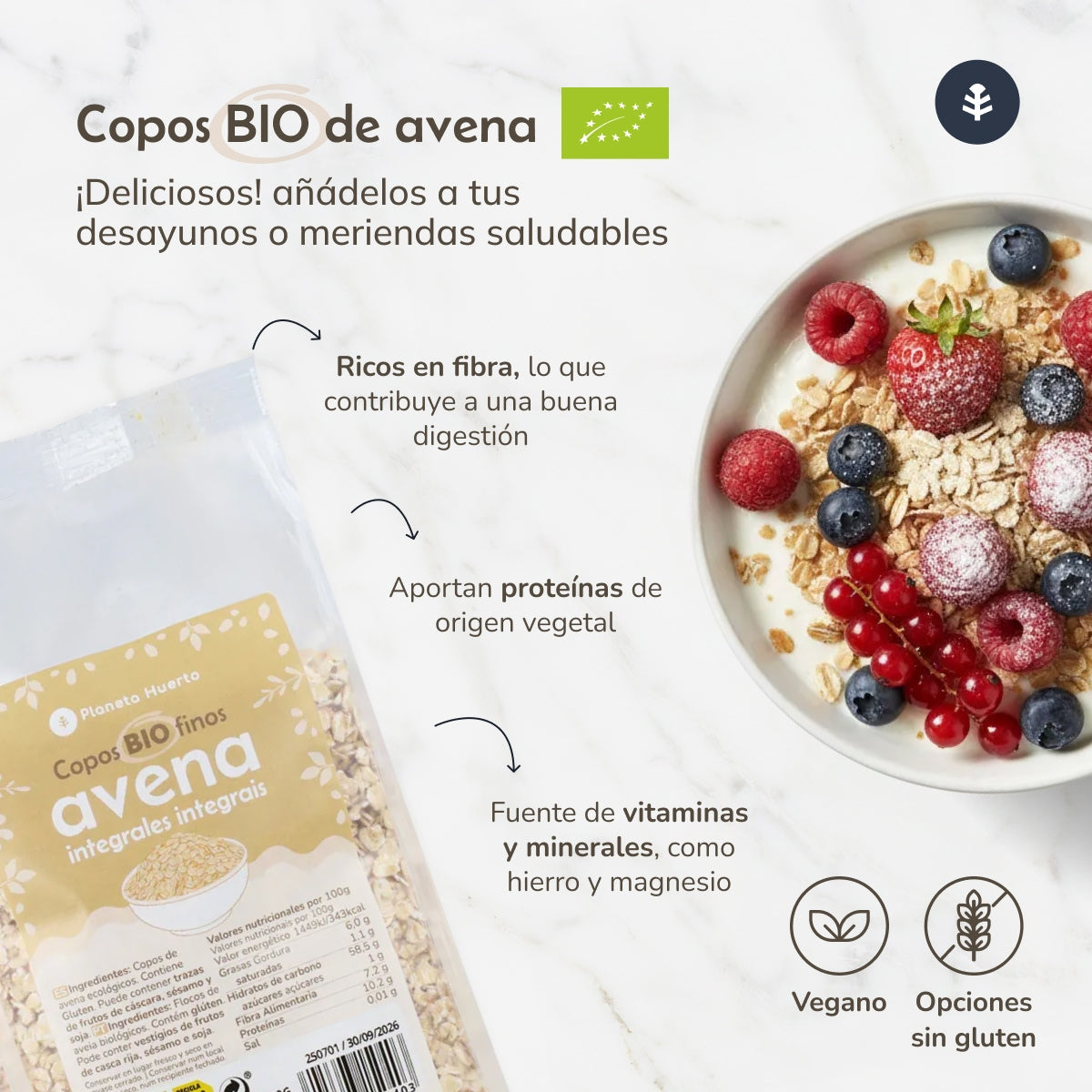 Flocos de Aveia Finos Sem Glúten ECO Planeta Huerto 1,5 kg