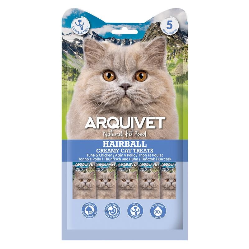 Petiscos cremosos para gatos, petisco cremoso funcional, bola de pelo, atum e frango Arquivet 5x14 g