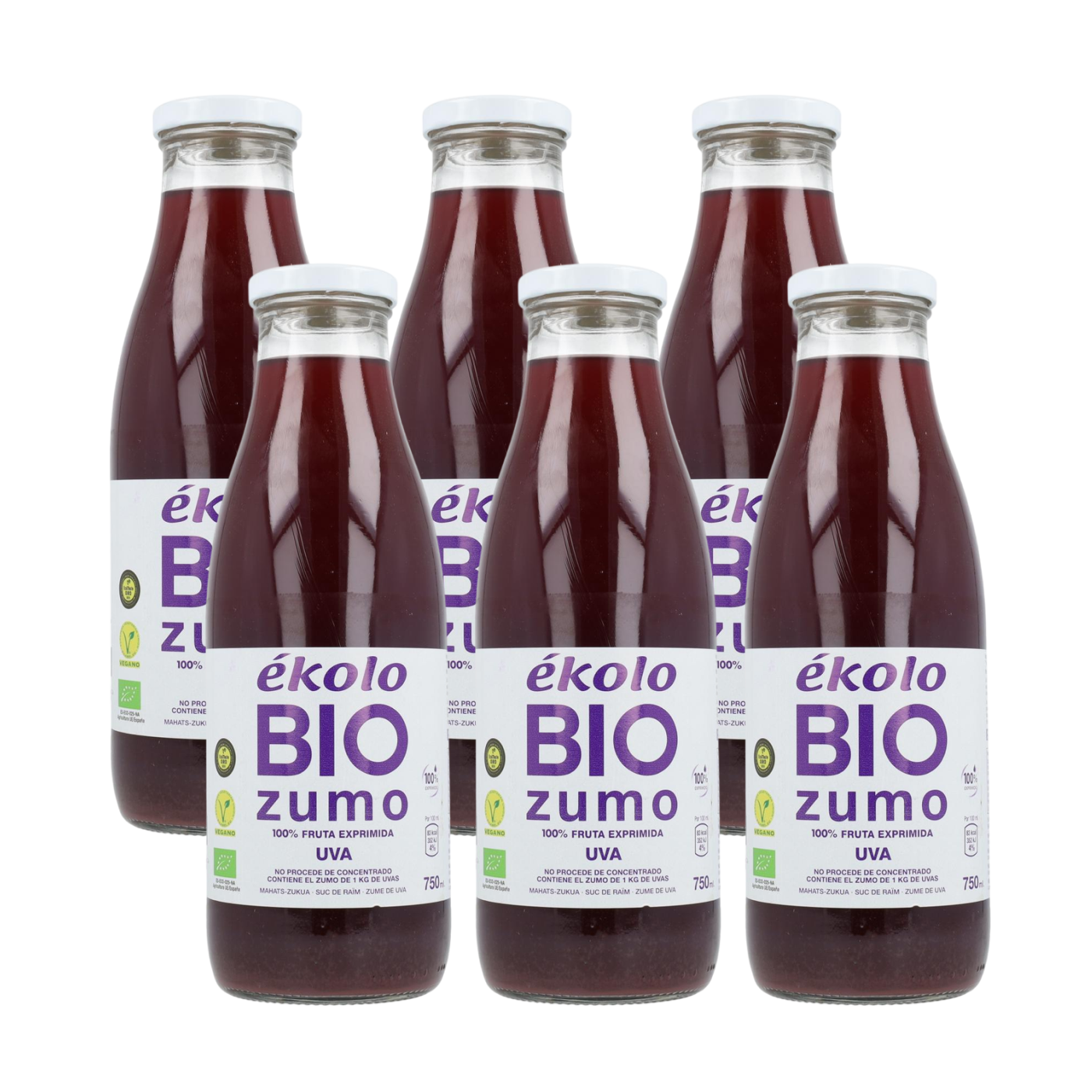 Embalagem de 6 sumos de uva preta biológica, 100% espremidos, Ékolo, 750 ml