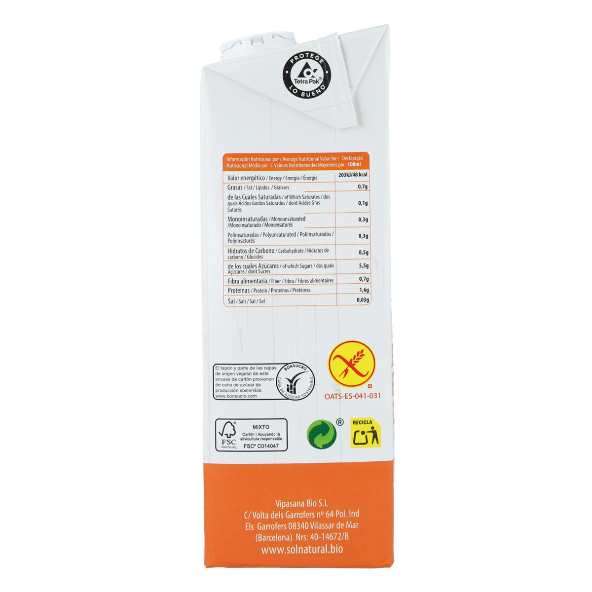 Bebida de Aveia Natural Sem Glúten Bio Sol 1 L