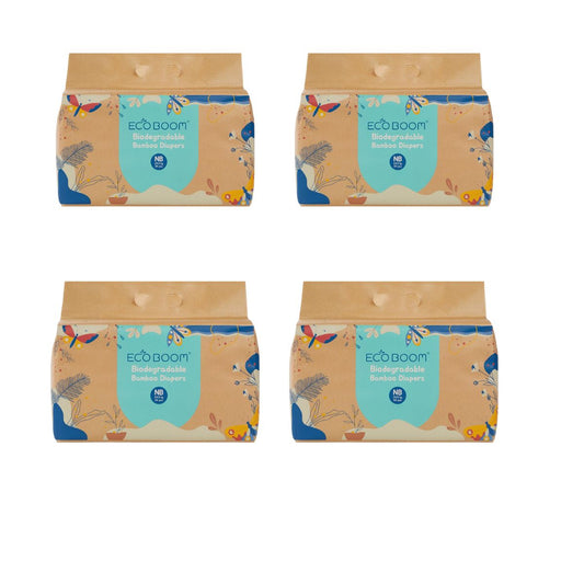 ECOBOOM - Fralda de Bambu Eco Boom. 70% biodegradável, hipoalergénica (tamanho 1/NB, < 3 kg, embalagem de 4 sacos, total de 136 fraldas)
