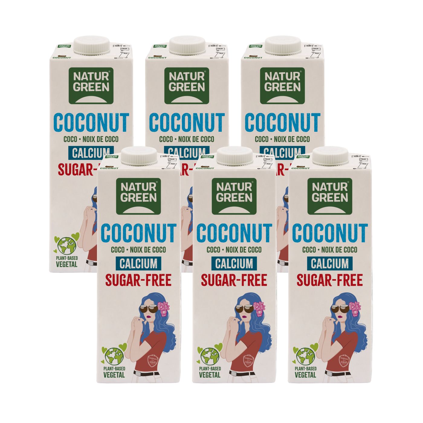 Embalagem de 6 bebidas vegetais de coco e cálcio sem açúcar NaturGreen 1 litro